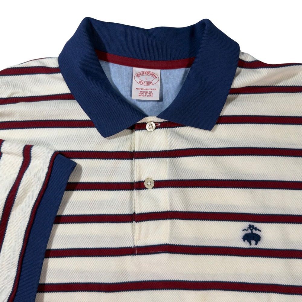 Brooks Brothers Performance Polo Shirt Mens L Cream Red Blue Excellent Striped